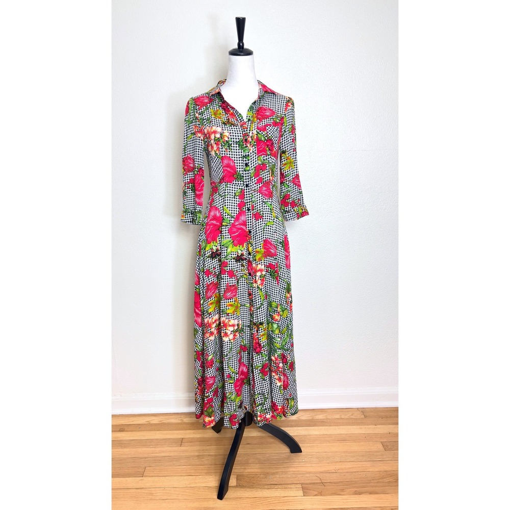 ODDY Gingham & Tropical Floral Button Up Maxi Dress Size Small Cottage Boho Chic